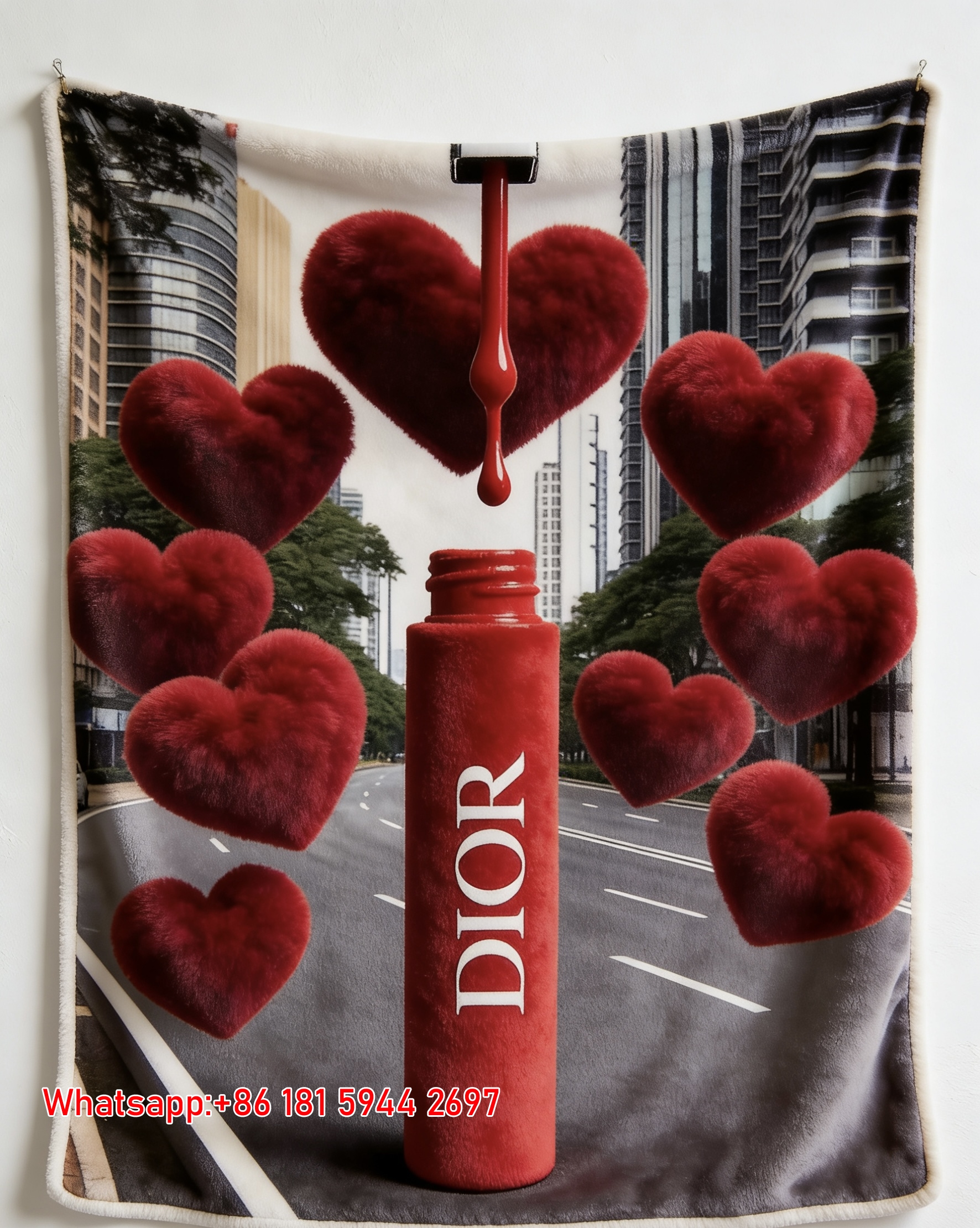 Dior Red Lip Gloss & Plush Hearts Flannel Sofa Throw Blanket D247